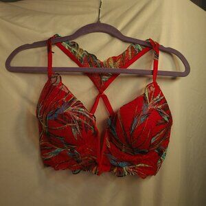 Victoria's Secret Date Push Up Large V Plunge Racerback Red Blue Lace Padded
